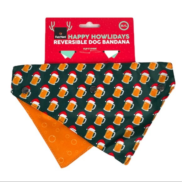 FuzzYard Christmas Santa Hat Beer Mugs Reversible Bandana, Green, Golden, M/L - Picture 7 of 7